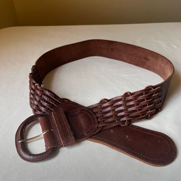 Vintage 90s Liz Claiborne Wide Brown Woven Leather Waist Belt L Covered Buckle - Picture 8 of 8